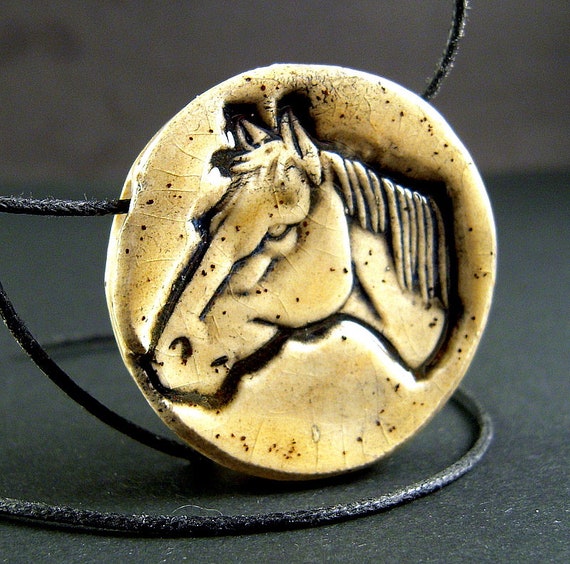Western Mustang Ceramic Bead - 33mm - Chunky Horse Pendant -  Buff Speckled Glaze - Stoneware Clay Pendant for Macrame & Jewelry - SA18