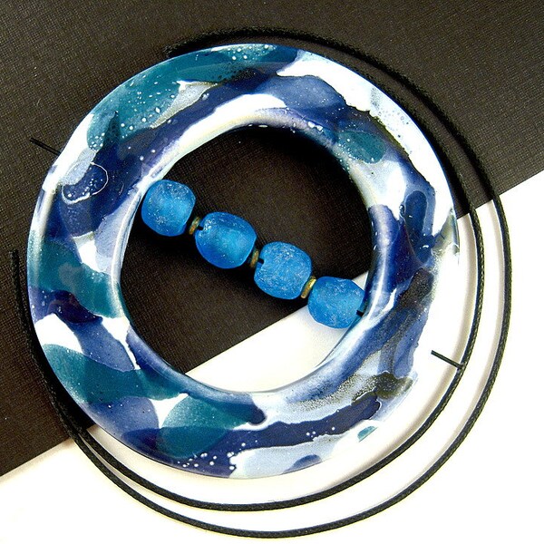 HUGE Splashy Blue Kazuri African Ceramic Pendant - 62mm - UNIQUE Glazed Ceramic Ring for Bold Tribal Jewelry Making & Macrame - K02A