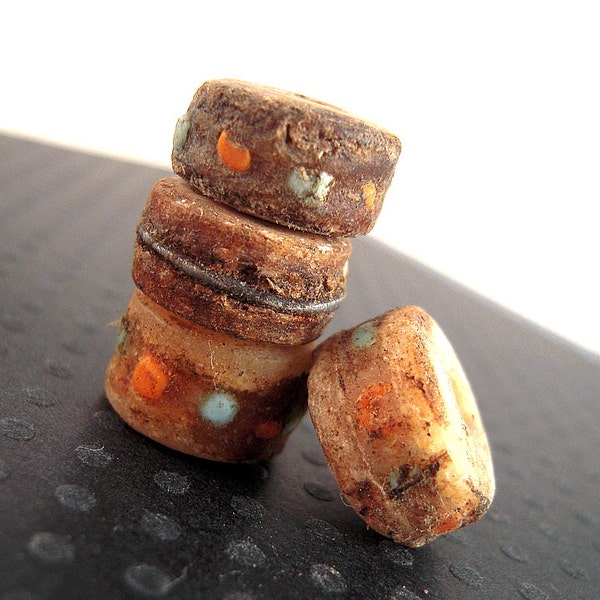 15 RUSTIC Yak Bone Mala Beads, 12mm, Tibetan Mala, Inlaid Chips, Silver Bands, Primitive Yak Bone Beads, with Shea Butter AL01