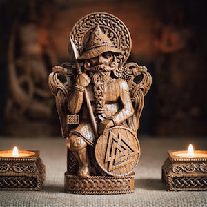 Odin statue, Allfather, Wotan, norse gods, wood carving altar heathen asatru viking god and goddes sculpture wooden scandinavian pantheon