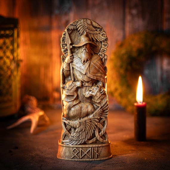 Hand Carved Oak Odin Statue: Norse God Altar, Viking Decor (8.5 inch)