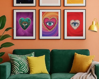 7 Heart Eye Art Prints:Bundle Surreal Boho Wall Decor (Digital Download)