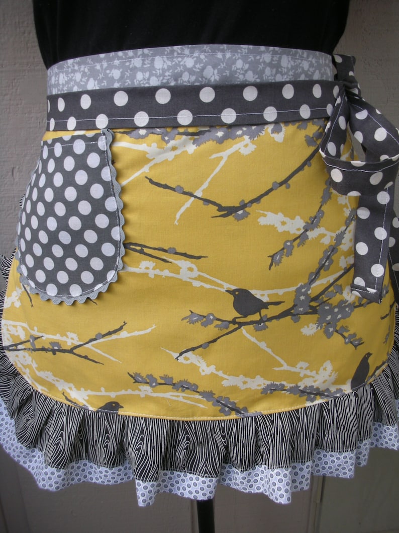 Bird Aprons Yellow Aprons Hostes Gifts Etsy Aprons Yellow and Grey Aprons Aviary Aprons Annies Attic Aprons