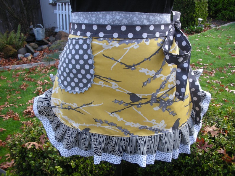 Bird Aprons Yellow Aprons Hostes Gifts Etsy Aprons Yellow and Grey Aprons Aviary Aprons Annies Attic Aprons