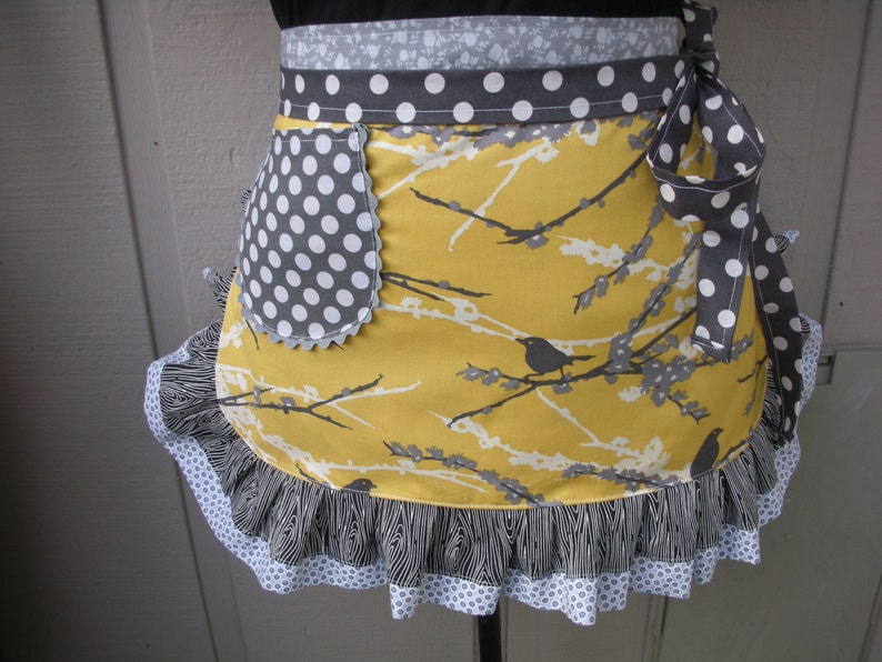 Bird Aprons Yellow Aprons Hostes Gifts Etsy Aprons Yellow and Grey Aprons Aviary Aprons Annies Attic Aprons