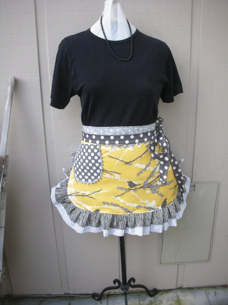 Bird Aprons Yellow Aprons Hostes Gifts Etsy Aprons Yellow and Grey Aprons Aviary Aprons Annies Attic Aprons