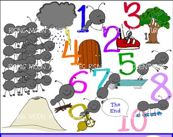 May include: A colorful illustration featuring cartoon ants, numbers, and various objects. The text "Ants Go Marching" is displayed, along with the phrase "The End." The artwork is by Rising Moon Adventures.