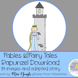 May include: A digital illustration of Rapunzel, a princess with long blonde hair, standing in a tower. The tower is gray with a small window and a pointed roof. The illustration is in a circle with a blue border. The text below the image reads "Fables & Fairy Tales Rapunzel Download 18 images and adapted story Artwork by Olia Yough @Rising Moon Adventures Rising Moon Adventures Flannel Board Stories by Olia"