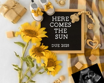 Anuncio de embarazo en redes sociales/girasol / Descarga digital / Entrega en 24 horas / Género neutro / anuncio de bebé por ultrasonido