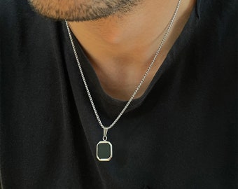 Silver Black Onyx Men&#39;s Pendant Necklace, Men&#39;s Waterproof Jewelry, Men&#39;s Silver Pendant Necklace, Men&#39;s Jewelry Gift, High Quality