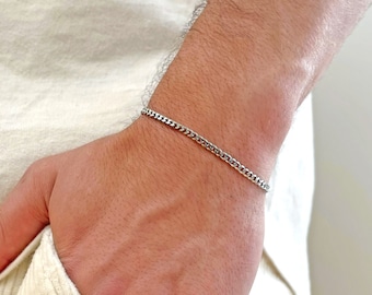 Zilveren dunne 3mm of 5mm Curb Chain armband, zilveren minimale kettingarmband, heren waterdichte sieraden, heren alledaagse sieraden van hoge kwaliteit