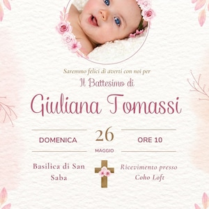 Invito Battesimo, Invito Digitale, Invito Battesimo Floreale Rosa, Invito Digitale Personalizzabile, Invito Digitale Colorato