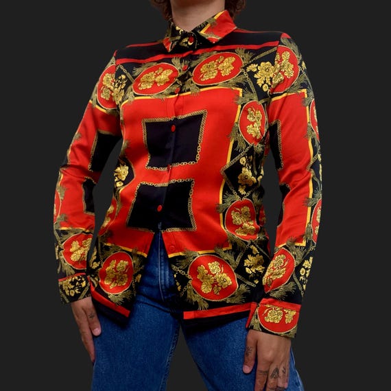 AIZHE Red and black button down blouse - image 1