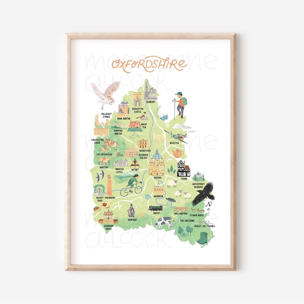 A3 Oxfordshire County Map Print V2, UK Art Print