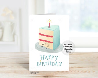 Happy Birthday Kawaii Cake Handmade Greetings Cards, Cute Funny Illustrated Greeting Card, For Kids, Mint, Sweets, Desserts, Food, Chibi