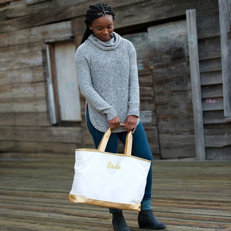 Bride's Gold and White Tote Bag & Cosmetic Case, Bride Bag for Wedding Day, Bride Honeymoon Makeup Case, Bridal Shower Gift, Gift for Bride