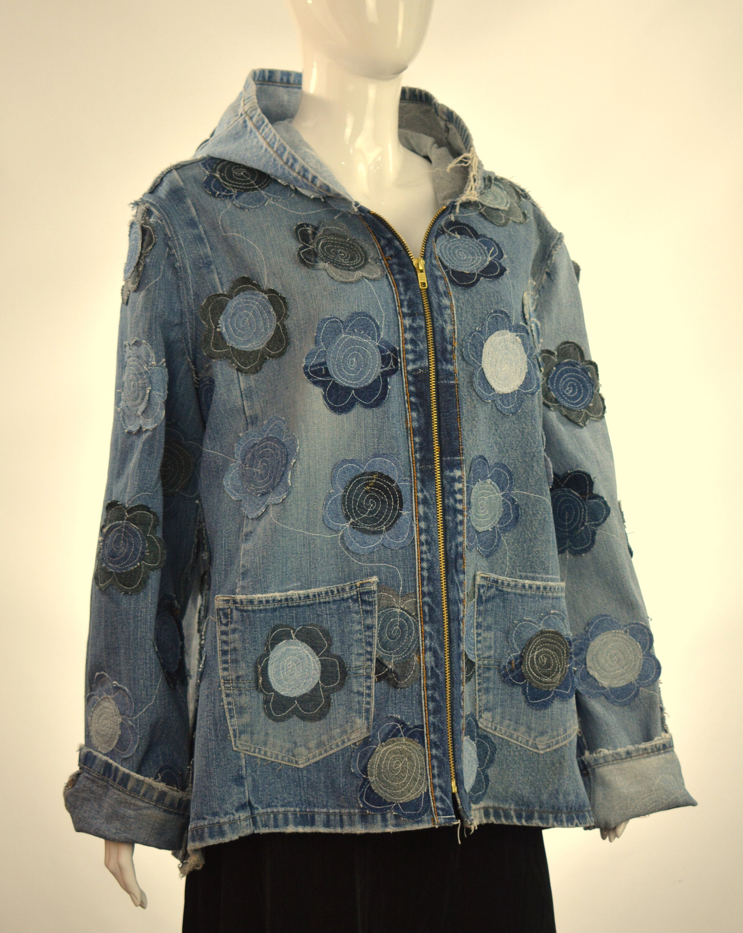 Wearable Art Jacket LARGE Upcycled Jeans Applique Floral - Etsy
