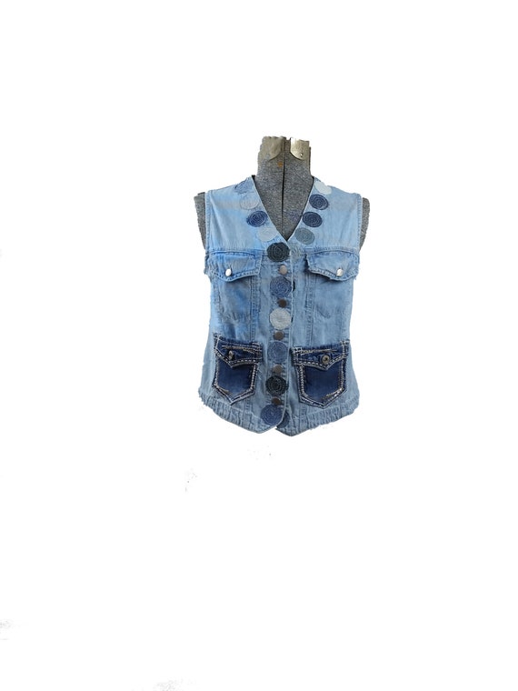 Embellished Denim Vest Small Upcycled Jean Vest Recycled | Etsy