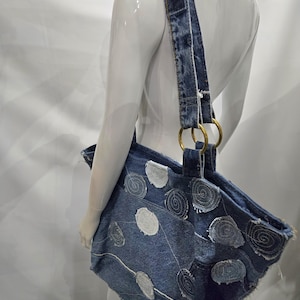 Beach Bag Large Unlined Tote Bag with Applique Circles Made from Recycled Denim Jeans Great for Traveling New 20" double sided Brass Zipper