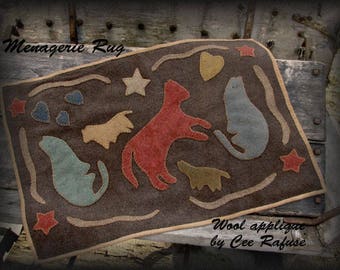 Menagerie Rug, printed pattern (wool applique, penny rug)