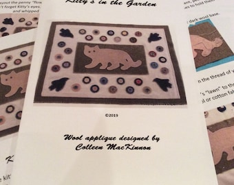 Kitty's in the Garden mat, printed pattern (wool applique, penny rug)