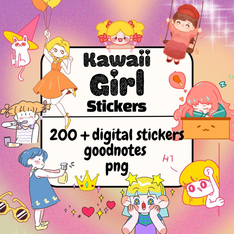Goodnotes Kawaii Girl Stickers | Kawaii Digital Sticker | Cute Girl ...