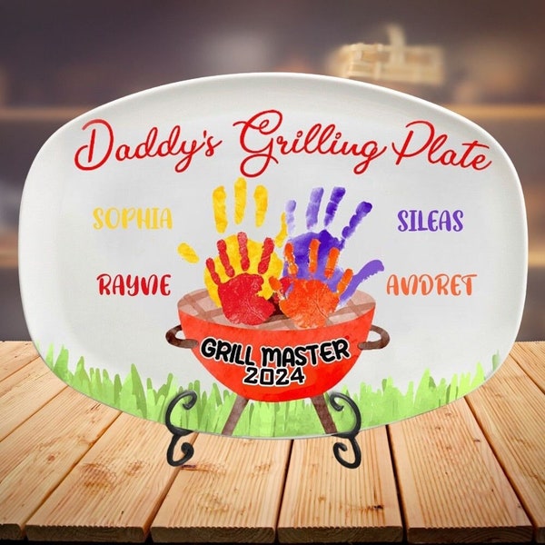 Custom Daddy's Grilling Platter with Handprint 2024, Custom Plate For Father's Day Gift 2024, Plate For Daddy, Gift For Dad From Kids