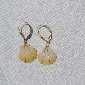 May include: A pair of dangle earrings featuring natural, fan-shaped scallop shells in a pale yellow and white gradient. Each shell is secured with thin gold-toned wire wrapping and attached to a gold-toned leverback closure for secure wear.