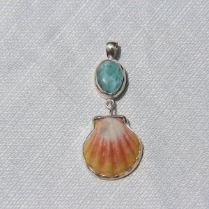 May include: A silver pendant featuring a light blue oval stone above a seashell pendant. The seashell is orange and white with a silver border. The pendant hangs on a light blue fabric background.
