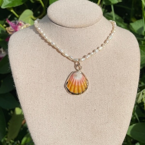 14k gold filled yellow and pink sunrise shell pendant freshwater pearl necklace bezel wrapped