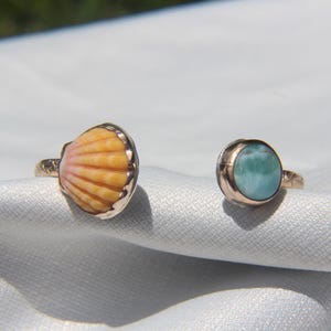 Può includere: Due anelli con fasce metalliche. Uno presenta un'incastonatura a forma di conchiglia arancione testurizzata a ventaglio. L'altro ha una pietra rotonda, liscia e azzurra con venature bianche. Entrambi sono inseriti in una cornice metallica.