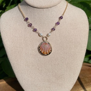 14k gold filled orange sunrise shell pendant necklace bezel wrapped with amethyst and pearls