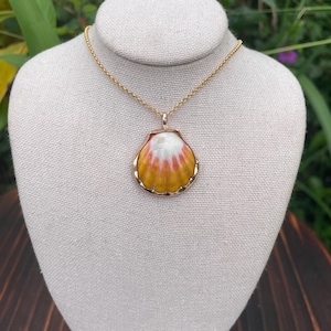 14k gold filled yellow and pink sunrise shell pendant necklace bezel wrapped