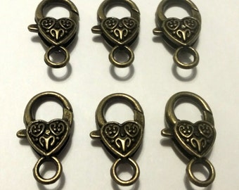 Heart Lobster Clasp - 20 pc. - Lobster Clasp - Snap hook - Heart Clasp - Bronze Heart Clasp - Large Lobster Clasp