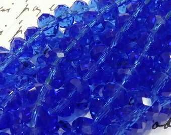 Glass Beads - Blue Faceted Beads -  8mm x 6mm  -  Blue Glass Beads - 42 pcs.