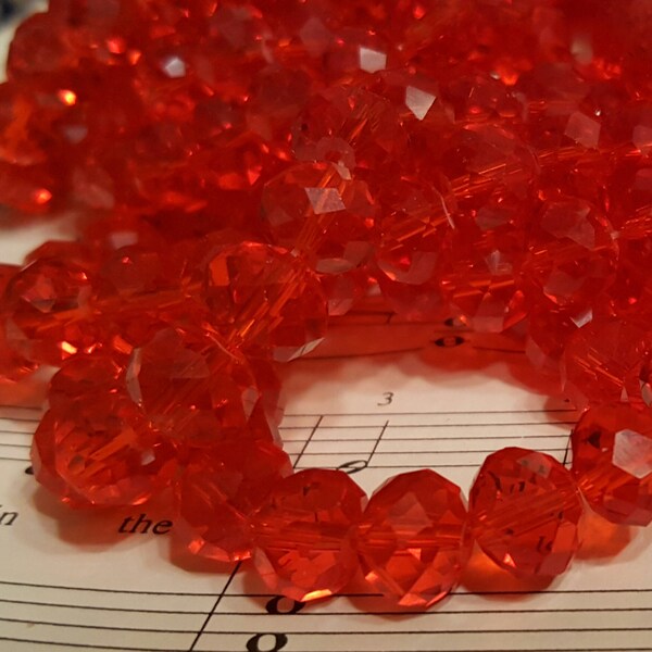 Glass Beads - 30 pcs. - Red Faceted Beads -  10mm x 7mm Beads -  Red Glass Beads - Red Rondelle Beads