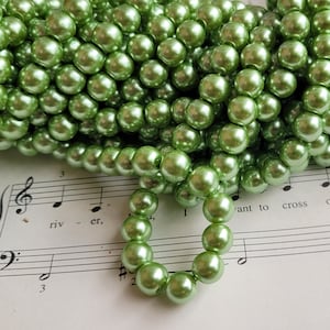 Glass Pearl Beads - 42 pc - 8mm - Green Pearl Beads - Pale Olive Pearls - Round - Painted Baked Pearlized - 8mm Light Green Pearls