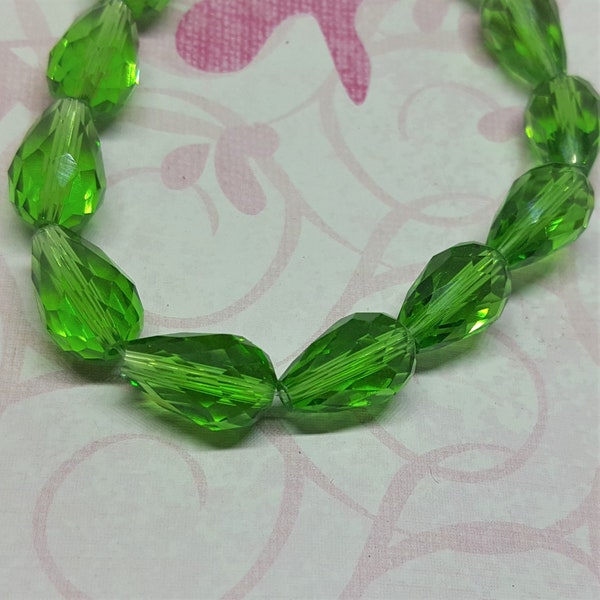 Teardrop Glass Beads - Qty. 10 - Faceted Green Beads - Sun Catcher Beads - Drop Beads - 15mm Teardrop Beads - Green Tear Drop Beads