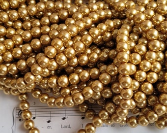 Glass Pearl Beads - 42 pc - Gold Pearls - 8mm - Gold #03 - Round  -  Baked Painted Pearlized