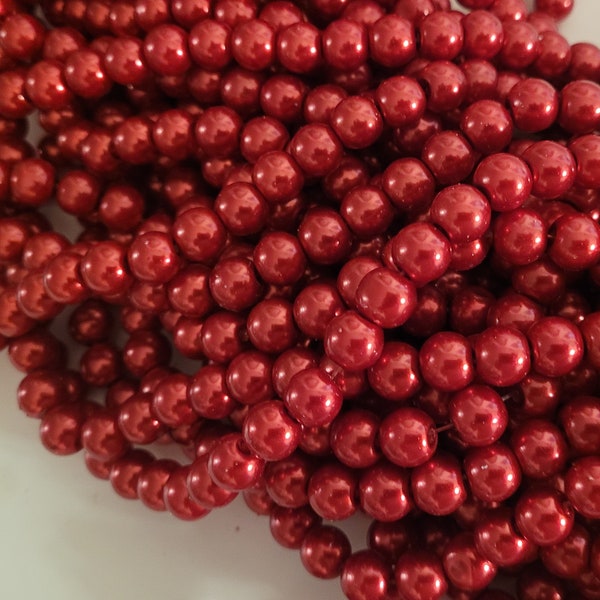 Glass Pearl Beads - 42 pc - Red 2 Pearl Beads -  8mm - Round - Dyed - Red Pearls