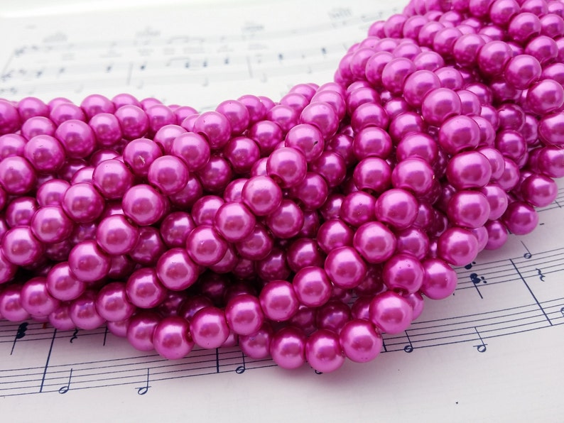 Glass Pearl Beads 42 pc Magenta Pearl Beads 8mm Round Dyed Magenta Pink Pearls image 1