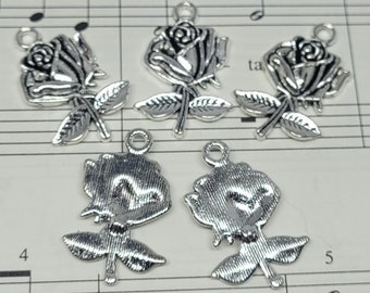Antique Silver Rose Charm - 10 pcs - Silver Rose Charms - Silver Rose - Wine Charms - Silver Tone Flower Charms - Rose Charms - Flower Charm