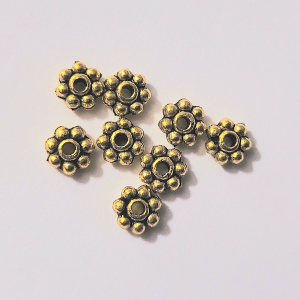 Daisy Spacers - 100 pc. - 5mm Spacers - 1.2mm hole - Flower Spacers - Antiqued Gold - Antiqued  - Lead and Nickel safe