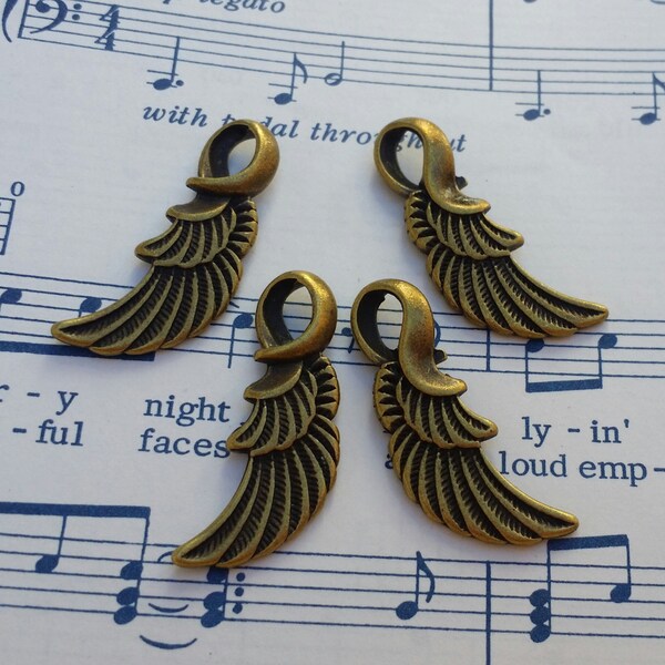 Feather Wing Charms - 4 pc. - 32mm long - Angel Wing Charms - Cadmium Free - Lead Free Charms - Antiqued Bronze Wings - Bronze Wing Charms
