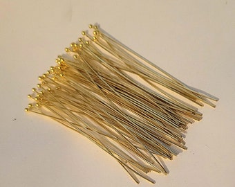 Long Ball Headpins - 50  pcs. - 2-1/2 inch - 21 gauge -  70mm Ball Headpins - Lead Free - Cadmium Free Gold Plated Brass Ball Headpins