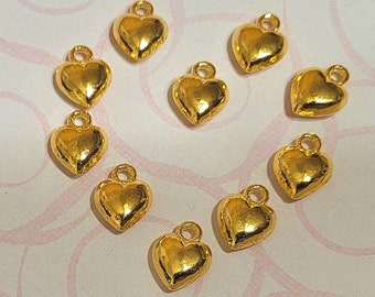 Puffy Heart Charms - 10 pcs. - Solid Heart Charms - Golden Heart Charms - Tiny Heart Charms - Heart Charms  - Gold Hearts - Charms