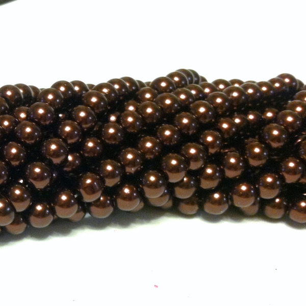 Glass Pearl Beads - 42 pc - Chocolate Brown Beads - 8mm - Round - Dyed - Brown Pearl Beads