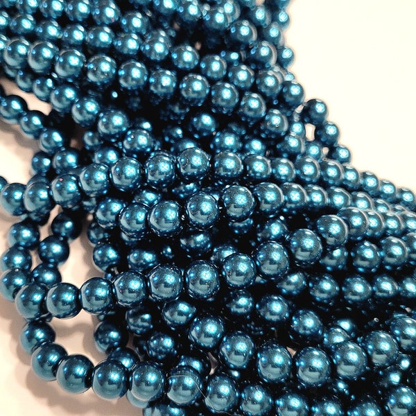 Glass Pearl Beads - 42 pc - 8mm Pearls - Teal Pearls -  Teal Blue Pearls - Round - Dyed Glass Pearls