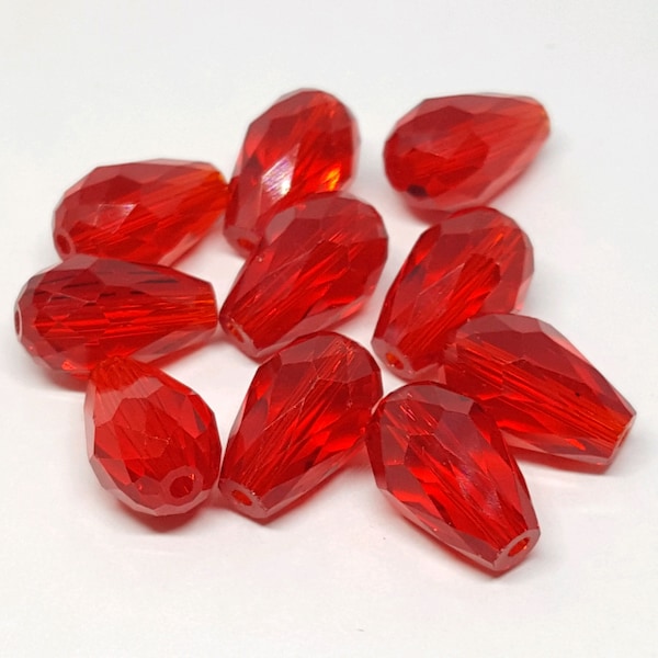 Teardrop Glass Beads - Qty. 10 - Faceted Red Beads - Sun Catcher Beads - Drop Beads - 14mm Teardrop Beads - Tear Drop Beads