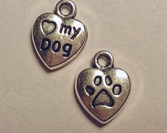 Heart My Dog Charms - 50 pcs. - Dog Charms - Silver Dog Charms - Animal Charms - Paw Charms - Love My Dog - 3D Charms - Two sided Charms